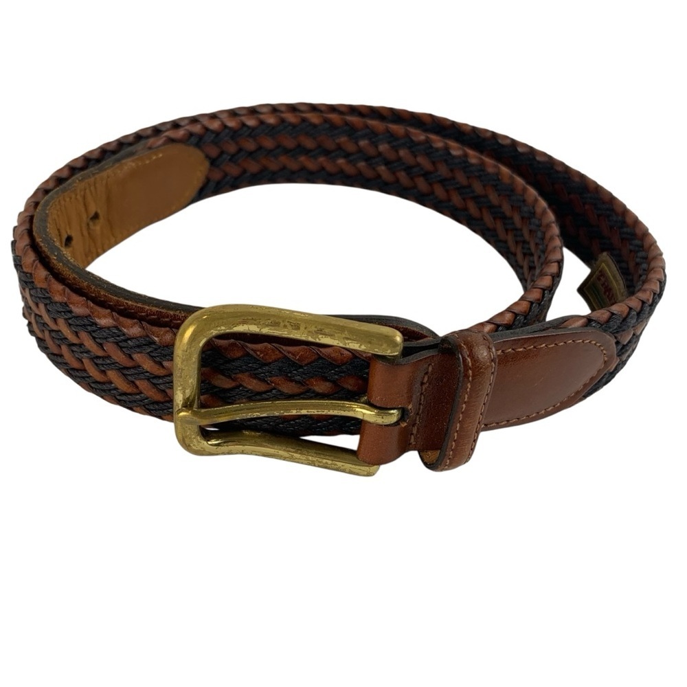 Trafalgar Brown Leather Navy Fabric Woven Men's Belt 36 Brass Buckle Preppy